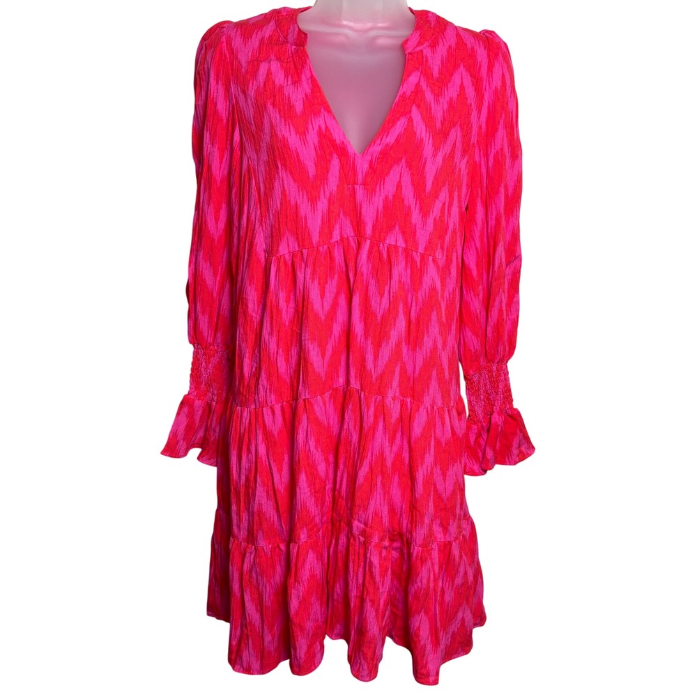 Pomander Place Pink Ikat V-Neck Elastic Ruffled Cuffs Tiered Mini Dress Women XS